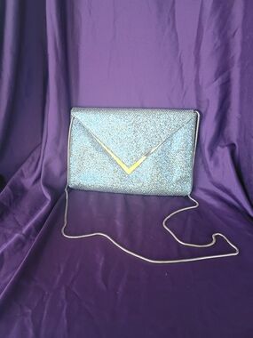Gianni Bini Silver Glitter Envelope Clutch with Gold V Detail